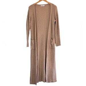 Mod Ref | Tan beige comfy ribbed knit open duster cardigan front pockets